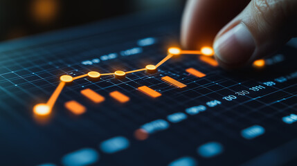 Poster - Hand is pointing at a graph on a screen. The graph is orange and has a downward trend