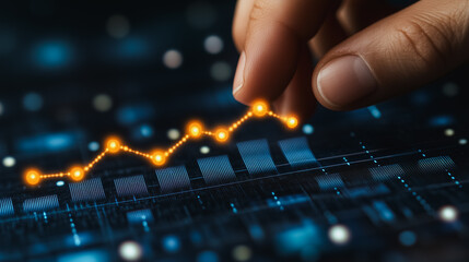 Poster - Hand is pointing at a graph with a line that is orange. The graph is blue and has a lot of dots