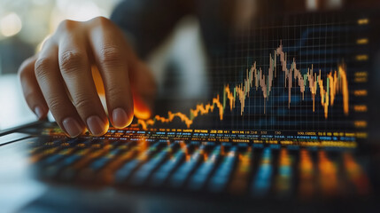 Poster - Person is using a laptop to look at a graph. The graph is colorful and has many lines. The person is focused on the graph, possibly trying to understand the data or make a decision based on it