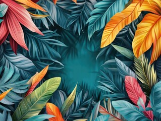 Vibrant and lush leaves with tropical motif background.