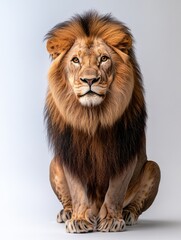 Wall Mural - lion with a long mane sits on a white background. the lion's eyes are open and it is looking at the 