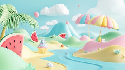 Watermelon Summer Landscape 3D Render