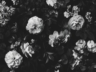 Wall Mural - Black and white photo of flowers with a moody, mysterious feel. The flowers are arranged in a way that creates a sense of depth and texture, with some blooms overlapping and others standing out