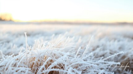 Wall Mural - Misty morning light illuminates frosty grasses in a tranquil winter field, highlighting the beauty of nature during the colder months