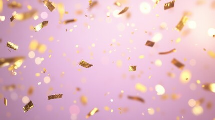 Wall Mural - Golden confetti falls gracefully on a rich purple backdrop, adding a festive touch ideal for parties, anniversaries, or special occasions