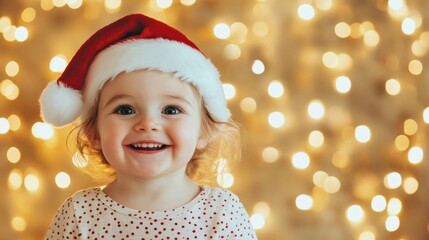 Sticker - Bright-eyed child with a Santa hat beams joyfully against a backdrop of sparkling Christmas lights, celebrating the festive season