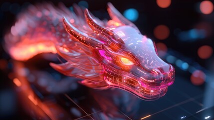 Poster - Translucent Cybernetic Dragon Head with Glowing Circuits