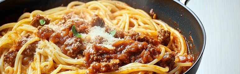 Perfectly cooked spaghetti with rich meat sauce in a pan, detailed texture, vibrant colors, and clean white background for food presentation concepts.