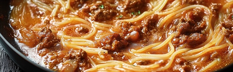 Perfectly cooked spaghetti with rich meat sauce in a pan, detailed texture, vibrant colors, and clean white background for food presentation concepts.