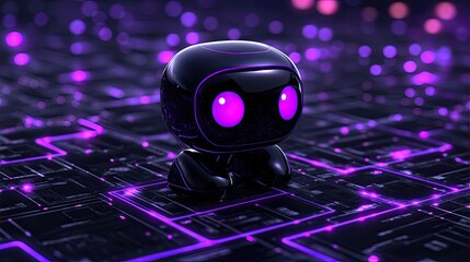 Poster - Cute Black Robot on a Glowing Purple Circuit Board
