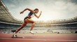 © IllustrationAlchemy - Female runner launching from starting line in a stadium race.