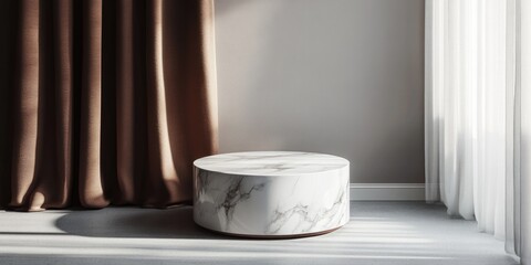 Wall Mural - Coffee table on sunlit window sill, modern round table with marble top.