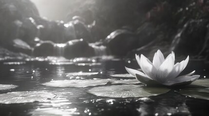 Wall Mural - Serene white water lily floats on calm pond water with blurred waterfall background.