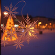 © Brittany - A windowpane frosted with intricate ice patterns, reflecting the Christmas lights outside