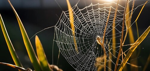 Dewdrops glisten on a spiders intricate web spun between tall grasses