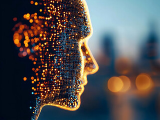 Leinwandbilder - A digital visage illuminated with glowing particles, symbolizing the intersection of technology and humanity.
