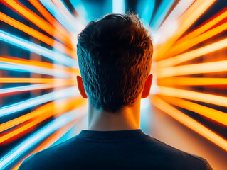 Aufkleber - A person stands with their back to the viewer, illuminated by vibrant, colorful light streaks radiating outward, creating a dynamic, energetic atmosphere.