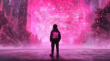 Poster - Futuristic Astronaut Standing Before Digital Universe Full of Pink Codes and Abstract Designs
