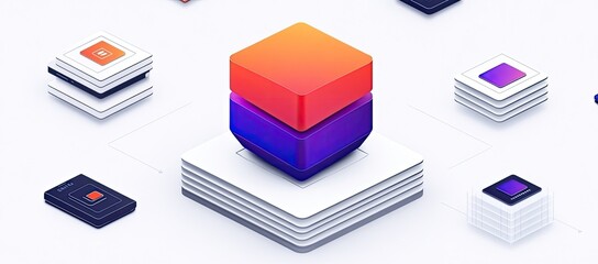 Poster - Abstract Isometric Illustration of Interconnected Data Cubes and Modules