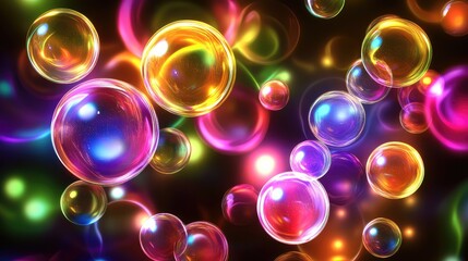 Poster - D abstract background with floating orbs and translucent shapes in vivid neon colors. No text, no people.