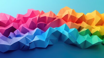 Poster - D geometric shapes forming an abstract mountain range in vibrant low-poly colors. No text, no people.