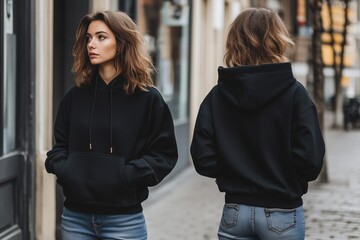 A young woman wearing a black zipped hoodie mockup and blue jeans, standing on a city street. She has wavy hair and is looking to the side, showcasing a casual urban style. 