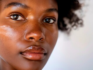 Wall Mural - Close-up of a woman with textured skin applying skincare products to her face, including a facial mask and moisturizing cream.