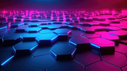 Poster - Abstract futuristic design with hexagonal grids and glowing neon lines in vibrant pink and blue. No text, no people.