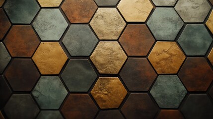 Poster - Abstract geometric background with bold hexagonal shapes and a subtle metallic texture in gold and bronze. No text, no people.
