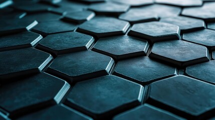 Poster - Abstract geometric design with bold overlapping hexagons and a glowing gradient of teal and blue. No text, no people.