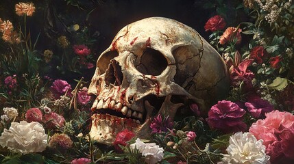 Wall Mural - Bloody Skull Amidst a Sea of Flowers: A Dark Still Life