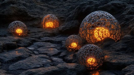 Canvas Print - AI-generated intricate D wireframe spheres with glowing cores over a dark textured backdrop. No text, no people.