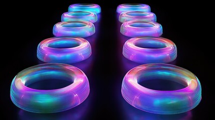 Poster - AI-rendered abstract patterns of glowing rings in gradient hues of blue and purple, set over a black background. No text, no people.