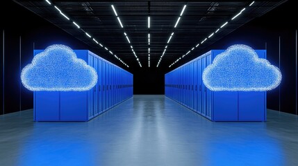 Poster - Illuminated Cloud Computing Data Center Servers with glowing cloud icons.