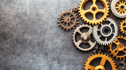 Poster - An antique steampunk gear arrangement set against a faded metal backdrop with dark shadows, creating a clean space for text.