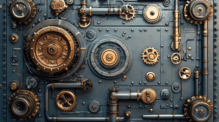 Poster - An industrial steampunk backdrop featuring an arrangement of metallic gears, rivets, and pipes with open space for logos or branding.