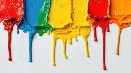 Poster - Artistic paint drips in bold primary colors cascading down a textured white canvas. No text, no people.