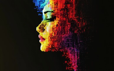 Poster - A vibrant pixel art portrait of a woman in side profile, crafted from colorful pixels on a black background with cinematic lighting. Ideal for digital art and tech-themed designs