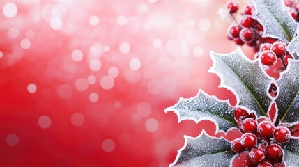 Poster - A close-up of frosted holly leaves and berries on a soft red background with subtle bokeh effects. No text, no people.