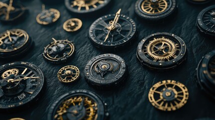 Poster - A close-up of steampunk timepieces with exposed gears and clocks set against a dark leather surface, offering a space for your branding.