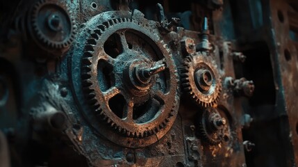 Poster - A close-up of steampunk gears and mechanical parts with a worn background, leaving plenty of space for branding or messaging.