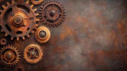 Poster - A detailed, rusty steampunk-style mechanical clockwork design with exposed gears on a leather-textured background, providing space for text.