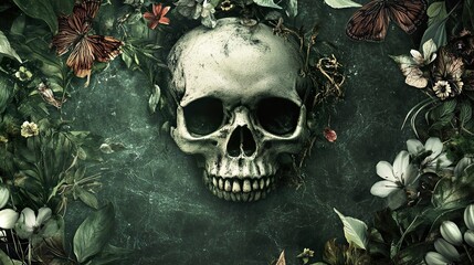 Wall Mural - Memento Mori: Skull and Flowers Dark Still Life