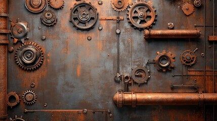 Poster - A steampunk-inspired metal gears, pipes, and mechanical elements against a rusty copper background, leaving ample space for copy or branding.