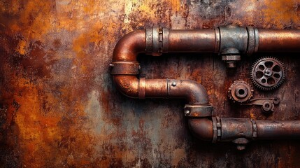 Poster - A steampunk-inspired metal gears, pipes, and mechanical elements against a rusty copper background, leaving ample space for copy or branding.