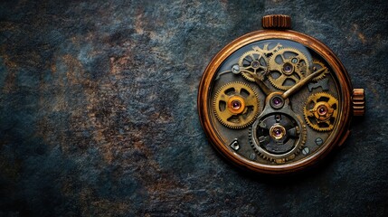 Poster - A steampunk-style watch face with exposed gears and dials, set on a metal texture background, offering space for your copy.