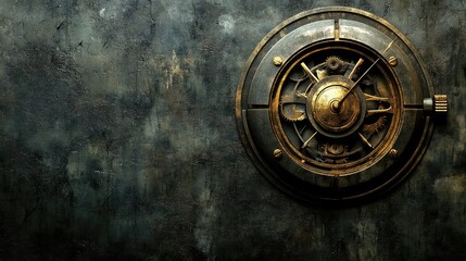 Poster - A steampunk-style watch face with exposed gears and dials, set on a metal texture background, offering space for your copy.