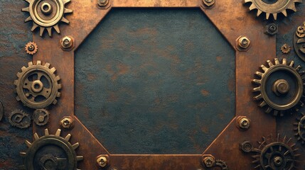 Poster - A vintage steampunk frame with brass gears and riveted metallic edges, set against an antique copper background, with plenty of space for branding.