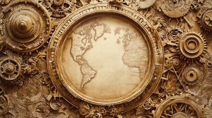 Poster - A vintage steampunk map design with intricate mechanical elements surrounding a blank area, perfect for product placement or text.
