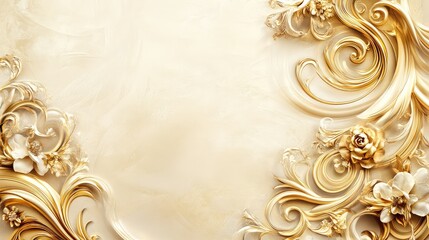 Poster - Baroque-inspired golden scroll patterns on a soft cream background for a classic luxury theme. No text, no people.